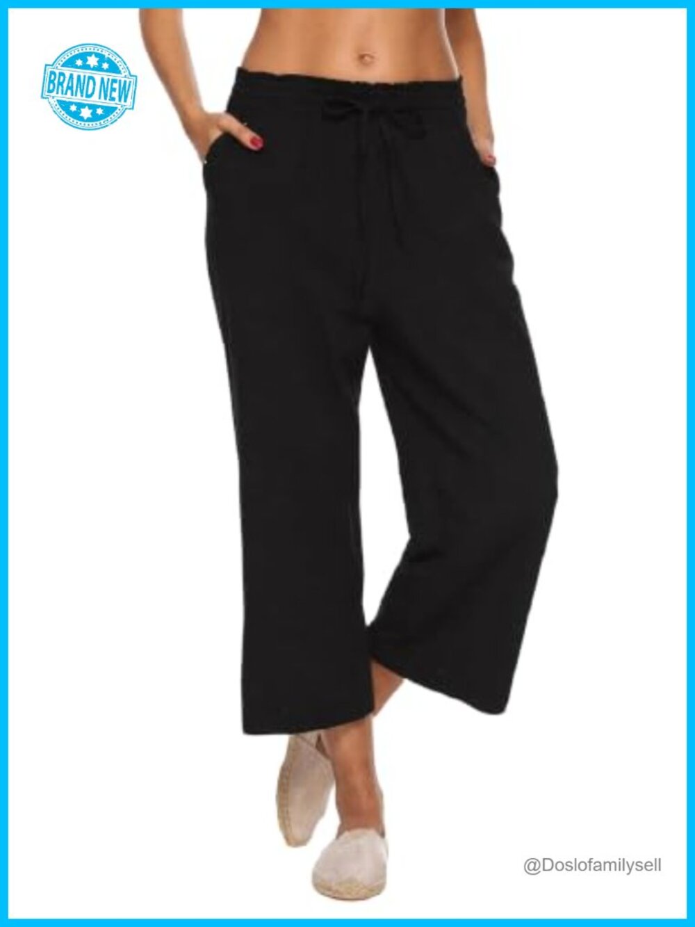 Linen Wide Leg High Waist Capri Pants with Pockets Pull On